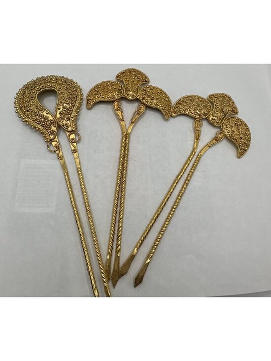 Set Of 3 Bright Gold Tone Ornate Hair Pins Accessories 5.5” Bali Bridal main image 5
